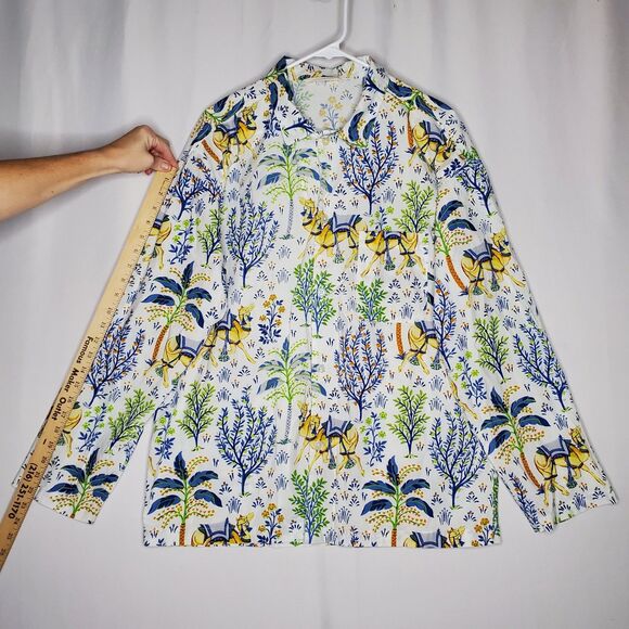 Print Fresh Button Pajama Shirt Women Medium Organic Cotton Camel Floral - Picture 9 of 12